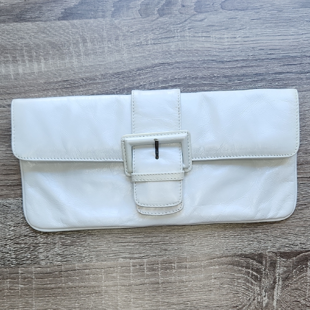 HOBO White Leather Buckle Clutch